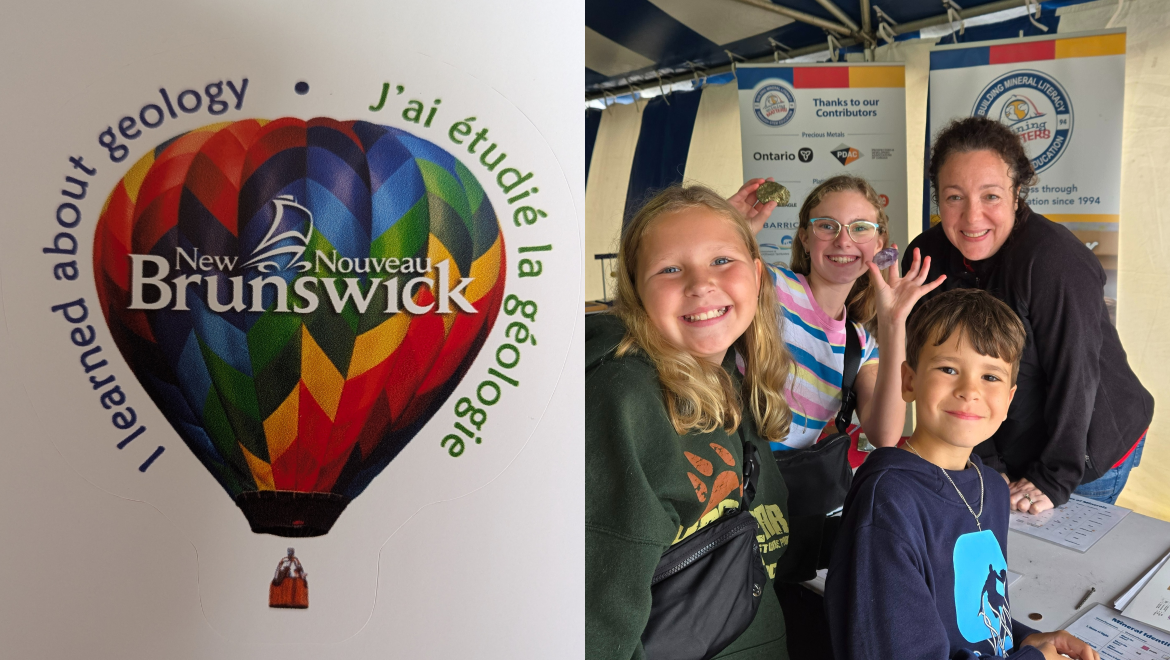 A split image featuring a colorful hot air balloon sticker on the left with the text "I learned about geology / J’ai étudié la géologie" and "New Brunswick / Nouveau Brunswick" in the center. On the right, three children and an adult at a Mining Matters booth proudly display mineral samples./Image divisée en deux : à gauche, un autocollant coloré représentant une montgolfière avec les inscriptions « J’ai étudié la géologie » et « Nouveau-Brunswick » au centre. À droite, trois enfants et un adulte, à un kios