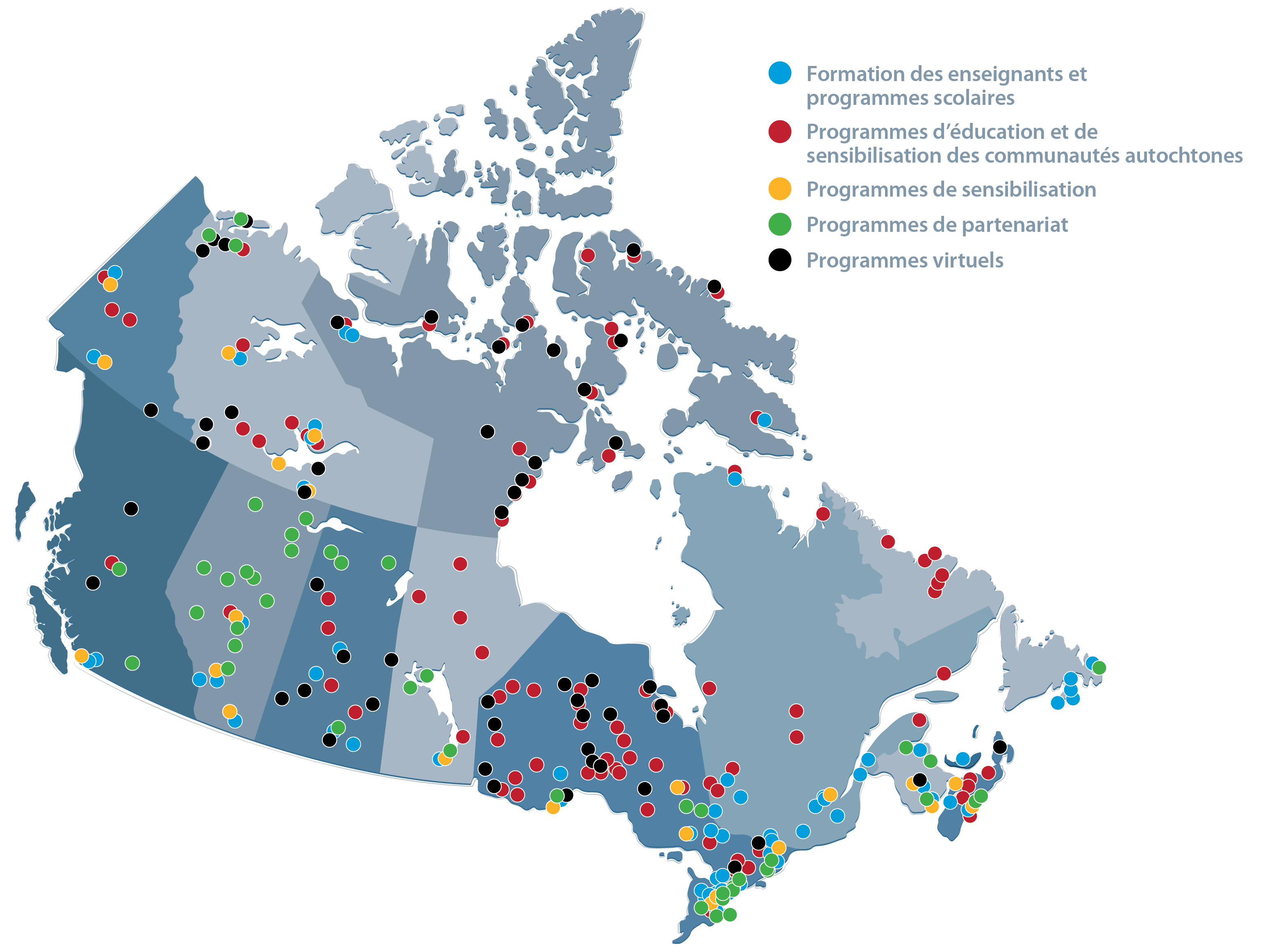 Une carte du Canada avec des points indiquant les endroits où Une mine de renseignements a organisé des ateliers, des programmes ou des activités de sensibilisation.