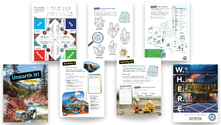 Cover and sample interior pages from the Unearth It! Activity Booklet, featuring activities about geological time, quartz crystals, the rock cycle, Canada’s resources and Earth science careers.
