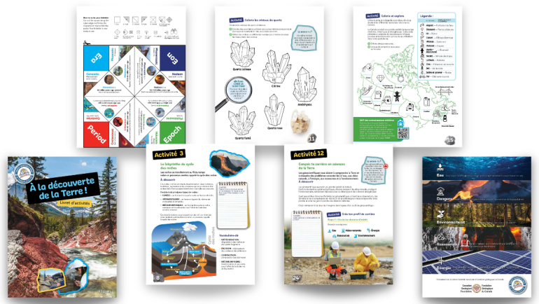 Pages intérieures du livret d’activités À la découverte de la Terre !, présentant des activités sur les temps géologiques, les cristaux de quartz, le cycle des roches, les ressources du Canada et les carrières en sciences de la Terre.