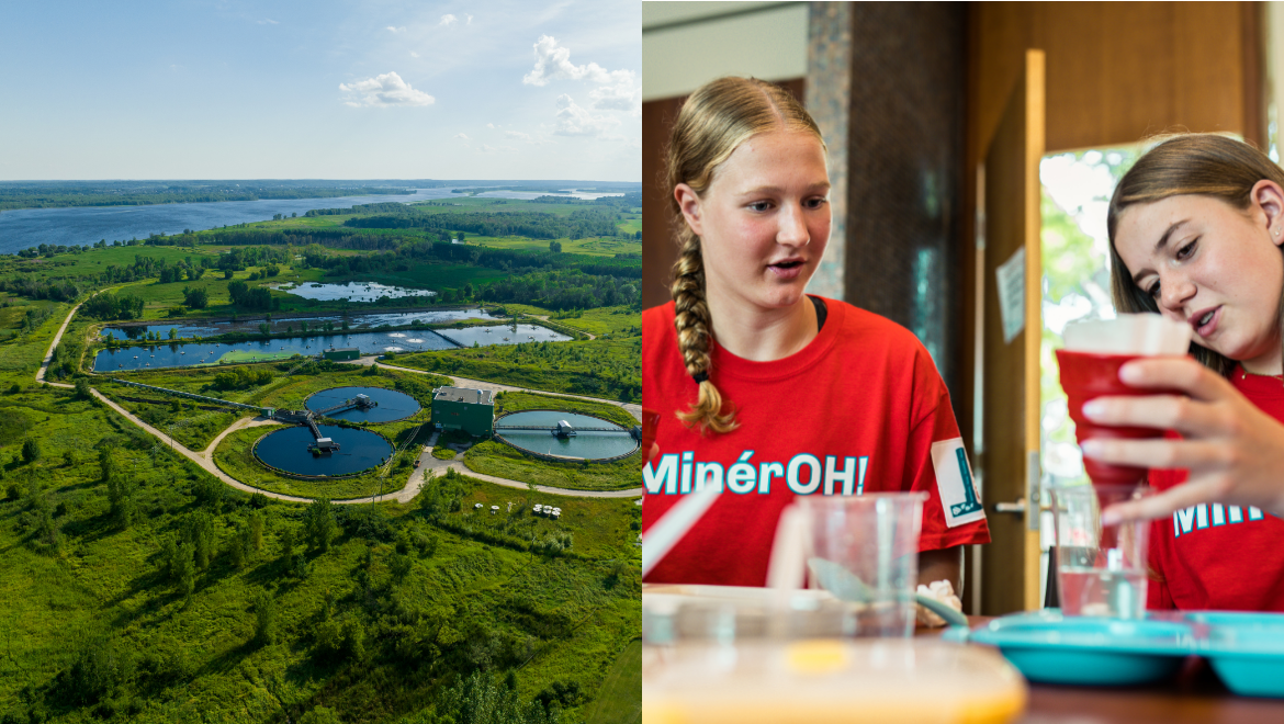 Two images comparing a real water treatment facility with youth conducting a hands-on water filtration experiment. Deux images comparant une installation réelle de traitement de l’eau et des jeunes réalisant une expérience de filtration de l’eau.