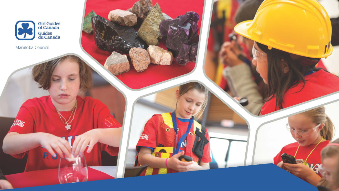 A collage of photos of girls participating in hands-on geoscience activities. In the top section, a collection of colourful rocks and minerals is displayed. Surrounding images show girls wearing safety glasses, hard hats or reflective vests. They are closely examining rocks, using hand lenses, and engaging in science-based activities.