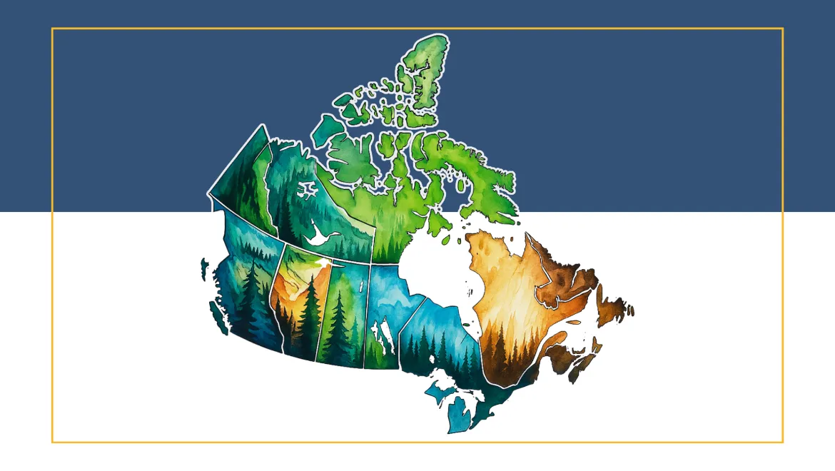 Illustrated map of Canada with provincial and territorial borders outlined, filled with watercolor-style landscapes in greens, blues, and warm earth tones representing forests, mountains, lakes, and plains./Carte illustrée du Canada avec les frontières provinciales et territoriales délimitées, remplie de paysages de style aquarelle dans des tons verts, bleus et chauds représentant des forêts, des montagnes, des lacs et des plaines.