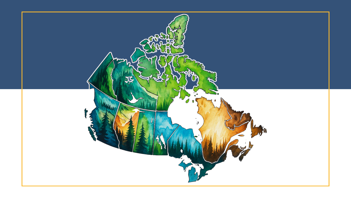 Illustrated map of Canada with provincial and territorial borders outlined, filled with watercolor-style landscapes in greens, blues, and warm earth tones representing forests, mountains, lakes, and plains./Carte illustrée du Canada avec les frontières provinciales et territoriales délimitées, remplie de paysages de style aquarelle dans des tons verts, bleus et chauds représentant des forêts, des montagnes, des lacs et des plaines.