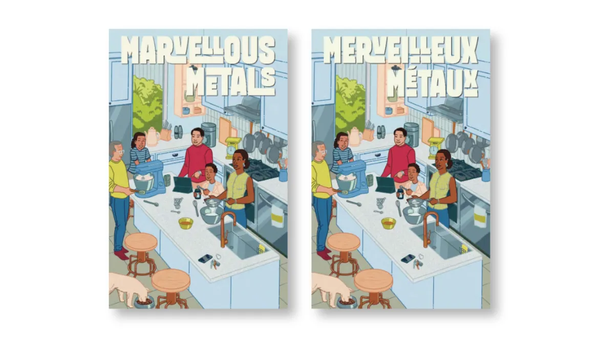 Deux couvertures de magazine côte à côte intitulées « Marvellous Metals » (anglais) et « Merveilleux métaux » (français). L’illustration montre un groupe diversifié de personnes réunies dans une cuisine en train de préparer un repas. Divers ustensiles et ingrédients se trouvent sur le comptoir, mettant en évidence l’utilisation des métaux dans des objets du quotidien comme les casseroles, les ustensiles et les appareils électroménagers.