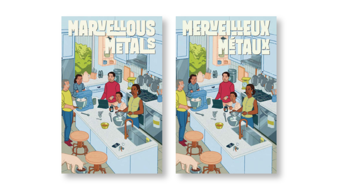 Deux couvertures de magazine côte à côte intitulées « Marvellous Metals » (anglais) et « Merveilleux métaux » (français). L’illustration montre un groupe diversifié de personnes réunies dans une cuisine en train de préparer un repas. Divers ustensiles et ingrédients se trouvent sur le comptoir, mettant en évidence l’utilisation des métaux dans des objets du quotidien comme les casseroles, les ustensiles et les appareils électroménagers.