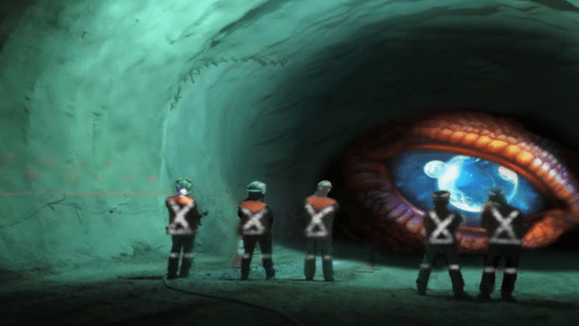 L'œil d'un dragon observant plusieurs personnes vêtues d'EPI dans un tunnel minier.