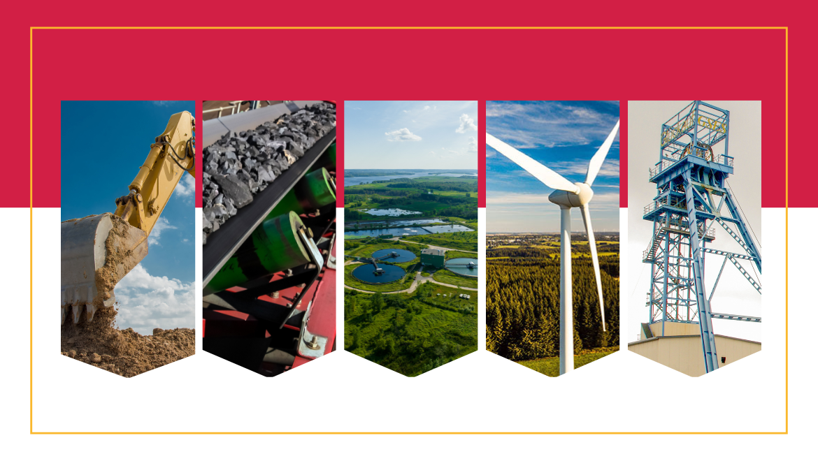 Bannière graphique présentant une excavatrice, un convoyeur de traitement des minéraux, un paysage environnemental, une éolienne et un chevalement minier.