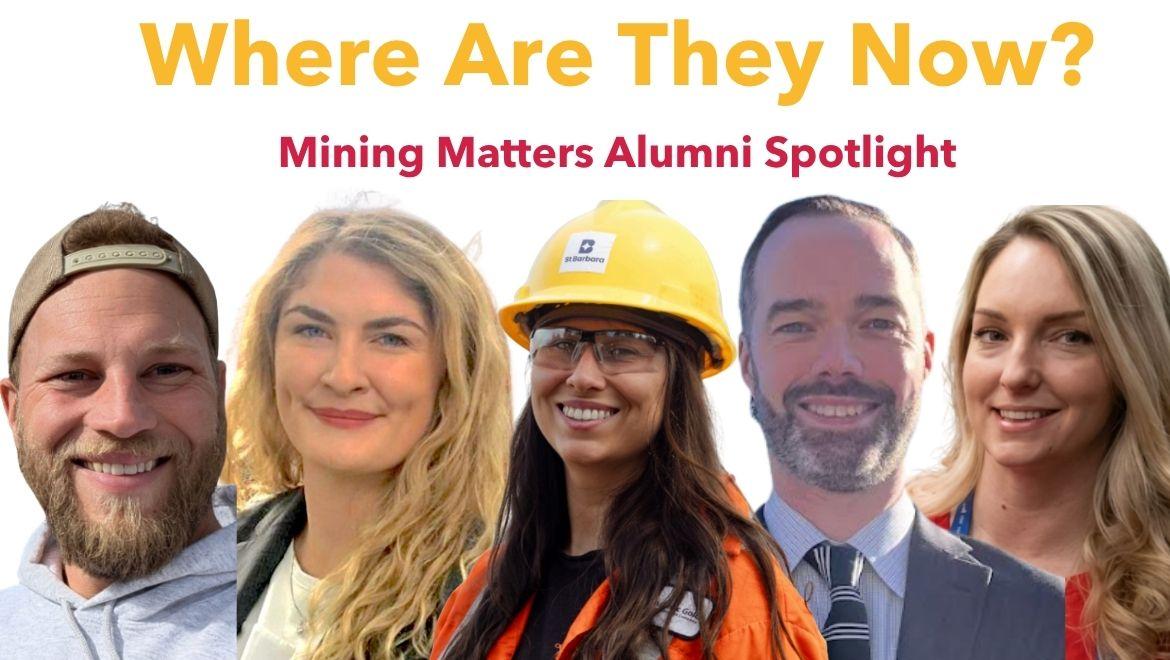 White Background and Yellow/Red font which reads: Where are they now? Mining Matters Alumni Spotlight with many interns featured.