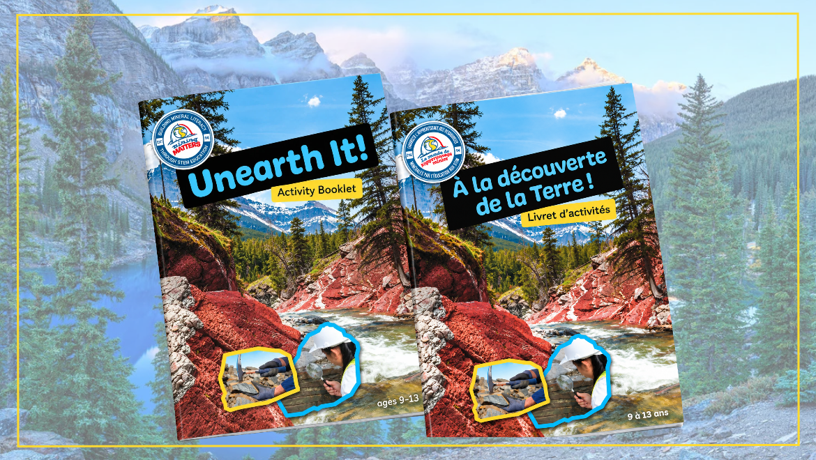 English and French Unearth It! activity booklet covers displayed side by side.