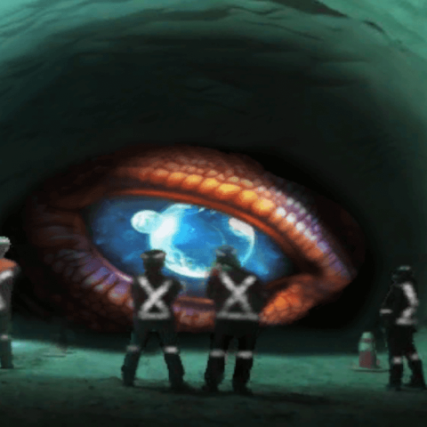 A dragon’s eye peering down a mine tunnel, looking at several individuals dressed in PPE.