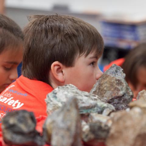 Rock samples in the foreground and Mining Matters participants in the background.