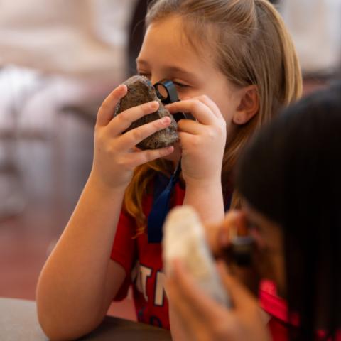 Using a hand lens to inspect a sample