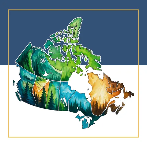 Illustrated map of Canada with provincial and territorial borders outlined, filled with watercolor-style landscapes in greens, blues, and warm earth tones representing forests, mountains, lakes, and plains./Carte illustrée du Canada avec les frontières provinciales et territoriales délimitées, remplie de paysages de style aquarelle dans des tons verts, bleus et chauds représentant des forêts, des montagnes, des lacs et des plaines.