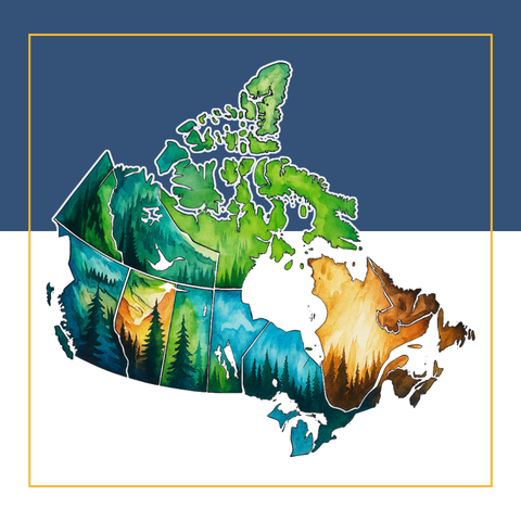 Illustrated map of Canada with provincial and territorial borders outlined, filled with watercolor-style landscapes in greens, blues, and warm earth tones representing forests, mountains, lakes, and plains./Carte illustrée du Canada avec les frontières provinciales et territoriales délimitées, remplie de paysages de style aquarelle dans des tons verts, bleus et chauds représentant des forêts, des montagnes, des lacs et des plaines.