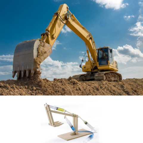Two images comparing a real excavator and a model. Deux images comparant une véritable excavatrice et un modèle.
