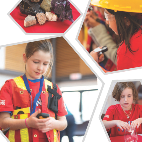 A collage of photos of girls participating in hands-on geoscience activities. Un collage de photos de filles participant à des activités pratiques en géosciences.