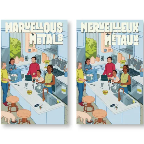 Two side-by-side magazine covers titled "Marvellous Metals" (English) and "Merveilleux métaux" (French). The illustrated scene shows a diverse group of people gathered in a kitchen preparing food together. Various cooking tools and ingredients are on the counter, highlighting how metals are used in everyday household items such as pots, utensils, and appliances.