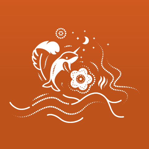 National Day for Truth and Reconciliation graphic on an orange background, featuring First Nations, Inuit and Métis-inspired symbols—a feather, narwhal and flower.