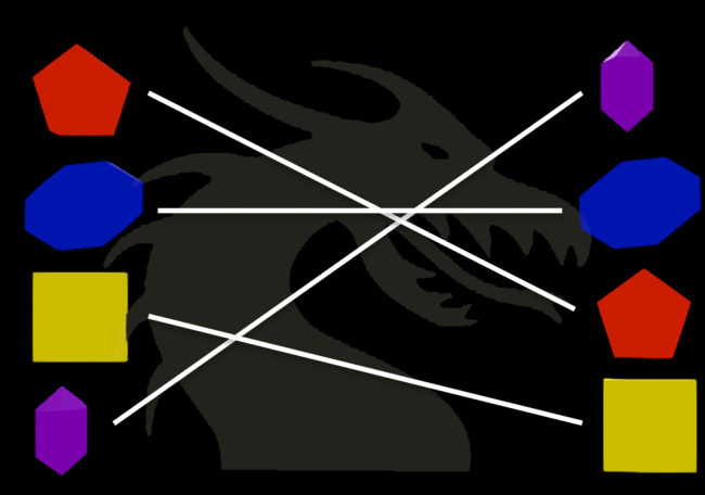 Image showing connecting the sparkly gems, by matching the colours. Top left to third down right. Second down left to second down right. Third down left to bottom right. Bottom left to top right.